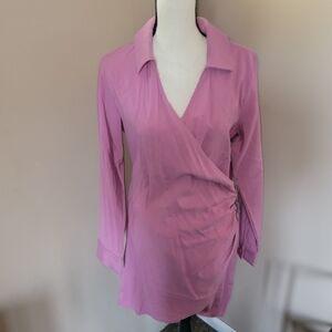 Lumiere Mauve Wrap Style Collared Long-Sleeve Dress